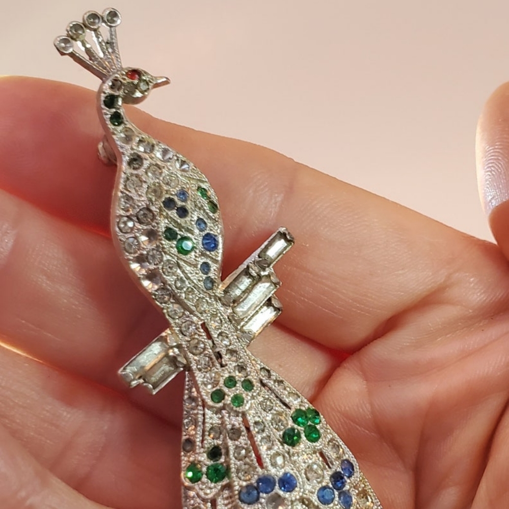 Vintage Mid Century Modern Peacock Bird Rhinestone Crystal Brooch/Pin